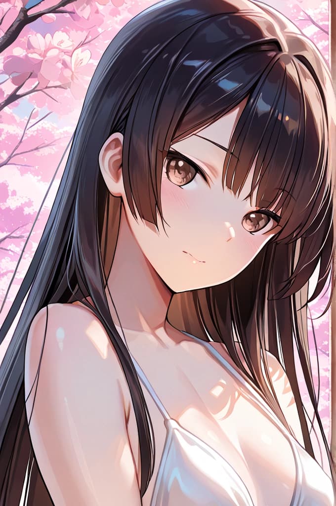 Portrait of a 24-year-old Japanese woman: She has porcelain skin, straight black hair with bangs, and alluring almond-shaped dark brown eyes. She is petite and slender. She's wearing a modern loose bikini with vibrant colors, posing under cherry blossoms with an air of grace and elegance